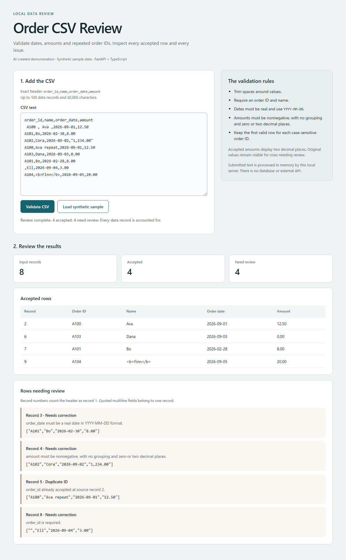 Local Order CSV Review app showing eight synthetic records, four accepted and four needing review, with per-row reasons.